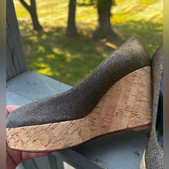 STUART WEITZMAN Metallic Sparkle Silver Gold Cork Wedge Platform Peep Toe Leathe - Picture 8 of 14